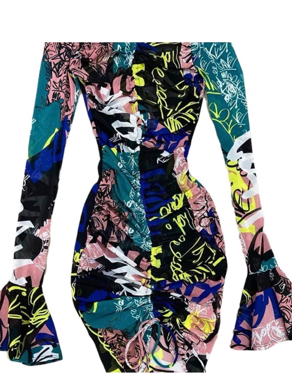 Multicolor Graffiti-Print Ruched Bodycon Dress - Picture 2 of 2